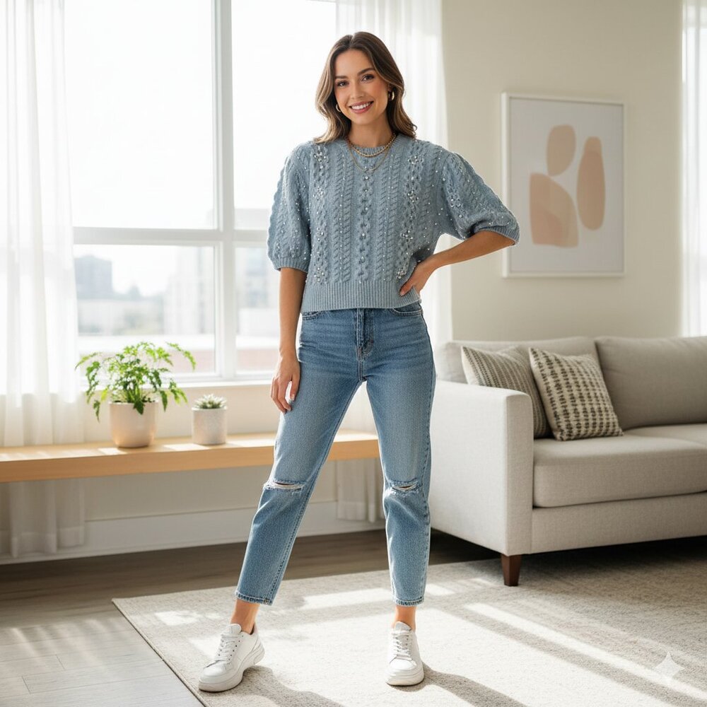 ASTR Koami Dusty Blue Pearl Embellished Cable Knit Sweater One Size NWT